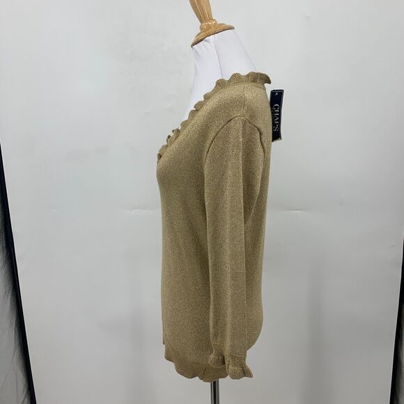 Chaps Metallic Shimmer Sweater Womens Ruffle V Neck 3/4 Sleeve Pullover Blouson - Picture 4 of 10